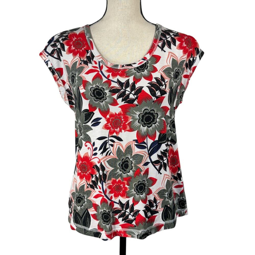 T by Talbots Petite Medium Top Floral Stretch Cap Sleeves Keyhole Scoop Neck